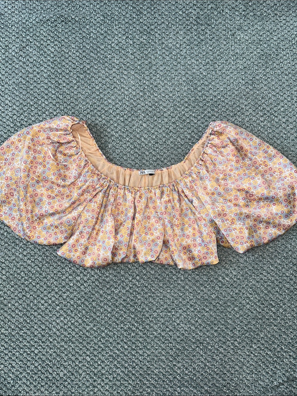 Zara Peach Floral Off-Shoulder Crop Top